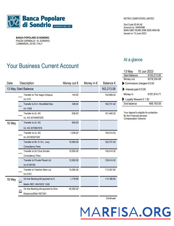 Blank Banca Populaire di Sondrio Business Bank statement Word and PDF template